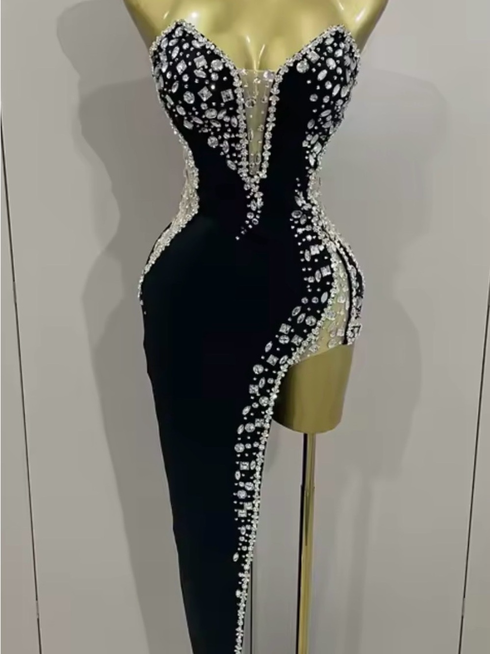 Strapless Black Crystal-Embellished Evening Dress